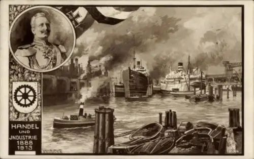 Künstler Ak Handel und Industrie 1888-1913, Hafenpartie, Kaiser Wilhelm II