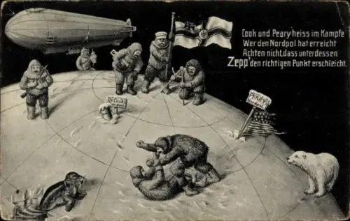 Ak Zeppelin am Nordpol, Flagge, Vermessung, Entdecker Cook und Peary im Kampf