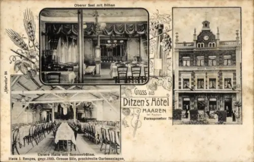Ak Haaren Aachen, Ditzens Hotel, Oberer Saal mit Bühne, Untere Halle mit Sommerbühne