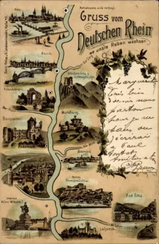 Litho Bonn am Rhein, Bad Ems, Neuwied, Köln, Denkmal Kaiser Wilhelm I.