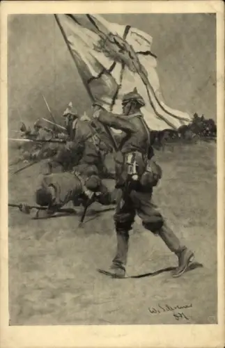 Künstler Ak Deutsche Soldaten in Uniformen, Fahne, Schlachtfeld, Propaganda