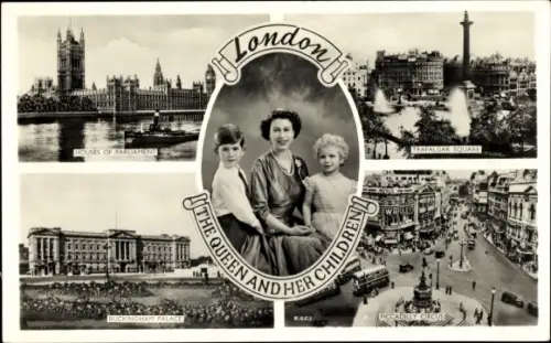 Ak London, Queen Elizabeth II mit Kindern, Parliament, Buckingham Palace, Piccadilly Circus