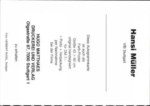 Ak Fußballspieler Hansi Müller, Portrait, Autogramm, VfB Stuttgart