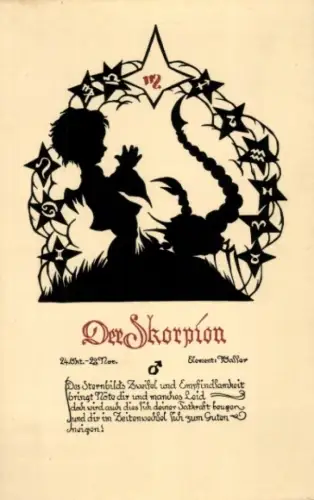 Scherenschnitt Ak Sternzeichen Skorpion, Scorpio, 24. Oktober bis 22. November
