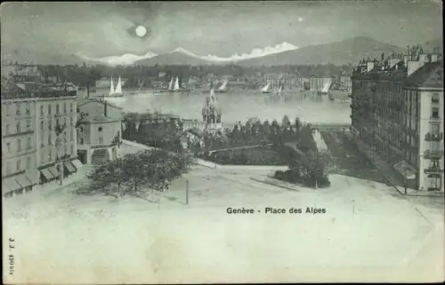 Mondschein Ak Genève Genf Schweiz, Place des Alpes
