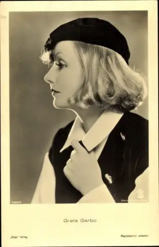 Ak Schauspielerin Greta Garbo, Portrait, Profil, Mütze