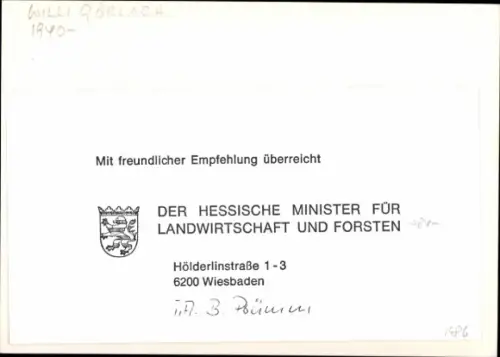 Autogrammkarte Politiker Willi Görlach, Portrait, Autogramm