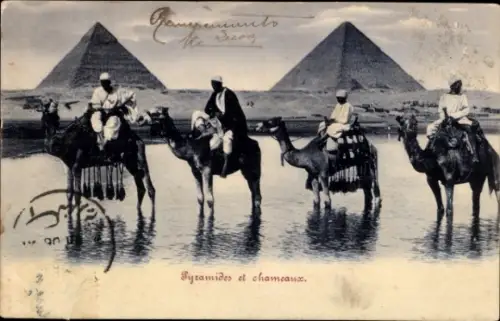 CPA Gizeh, Égypte, Pyramides et chameaux