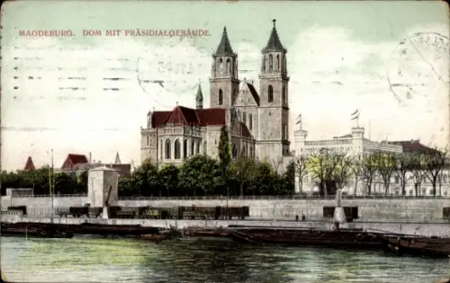Ak Magdeburg an der Elbe,  Dom, Präsidialgebäude, Fluss, Boote