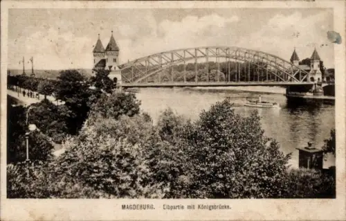 Ak Magdeburg an der Elbe, Elbpartie, Königsbrücke, Fluss, Bäume, Schiff