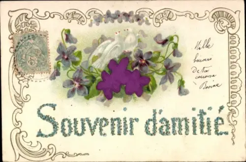 Präge Material Ak Tauben, Veilchen, Souvenir, Kitsch