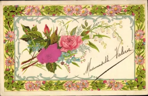 Präge Material Ak Blumen, Rosen, Maiglöckchen