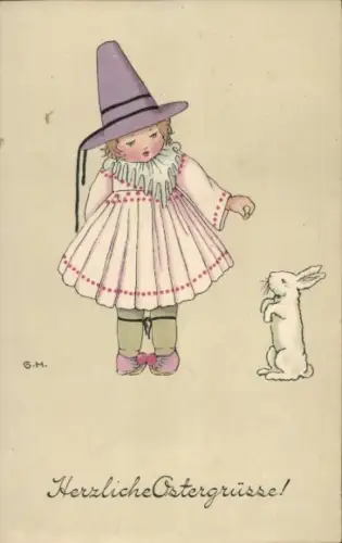 Künstler Ak Glückwunsch Ostern, Mädchen, Osterhase