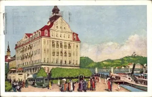 Ak Linz an der Donau Oberösterreich, Hotel Weinzinger, Erzherzog Karl,  Menschenmenge, Boote
