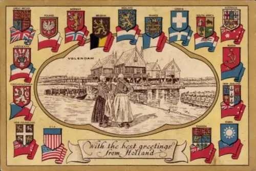 Ak Volendam Nordholland Niederlande, Zwei Frauen in traditioneller Kleidung, Hafenansicht, Wappen