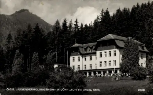 Ak Aflenz Steiermark, O.G.B. Jugendherberge, Dörflach,  Stmk, Wald, Gebäude