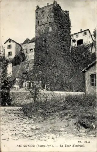 Ak Sauveterre de Béarn Pyrénées Atlantiques, Burg, Häuser, Bäume, Felsen, Schwarz-Weiß-Foto