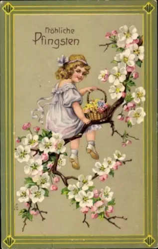 Ak Glückwunsch Pfingsten, Mädchen am blühenden Baum, Blumenkorb