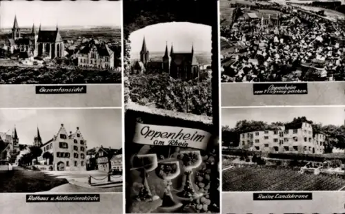 Ak Oppenheim am Oberrhein, Gesamtansicht, Rathaus, Katharinenkirche,  Ruine Landskrone