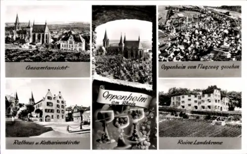 Ak Oppenheim am Oberrhein, Gesamtansicht, Rathaus, Katharinenkirche,  Ruine Landskrone
