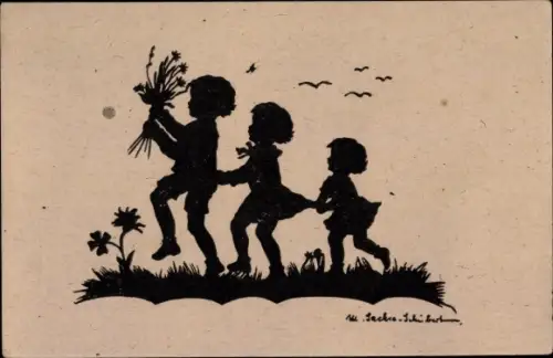 Scherenschnitt Ak Sachse Schubert, W., Drei Kinder auf einer Wiese