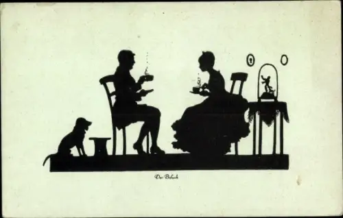 Scherenschnitt Künstler Ak Schmidt, G. L., Der Besuch, Liebespaar, Kaffee, Hund