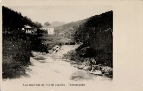 Ak Therezopolis Brasilien, Environs de Rio de Janeiro, Flusspartie, Siedlung
