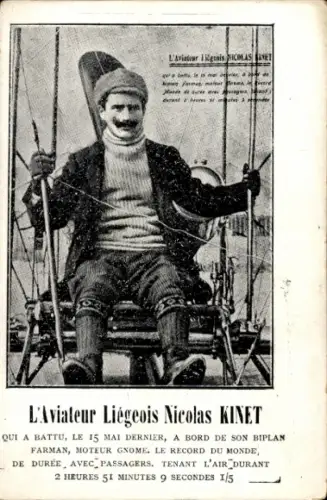 Ak L'Aviateur Liegeois Nicolas Kinet, Biplan Farman, Pilot, Flugpionier