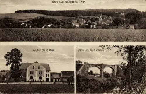 Ak Nöbdenitz Schmölln im Altenburger Land, Gasthof, Totalansicht, Bahnviadukt