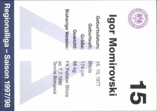 Autogrammkarte Fußballer Igor Momirovski, Tennis Borussia Berlin, Autogramm