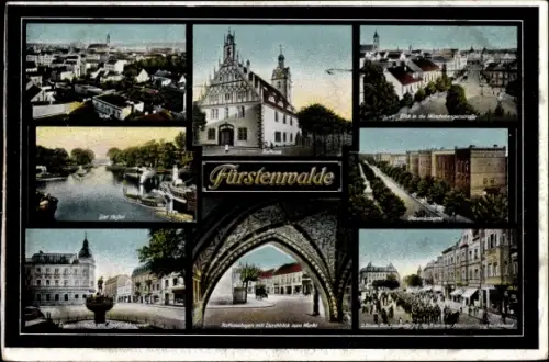 Ak Fürstenwalde an der Spree, Totalansicht, Rathaus, Münchebergerstraße, Hafen, Ulanenkaserne