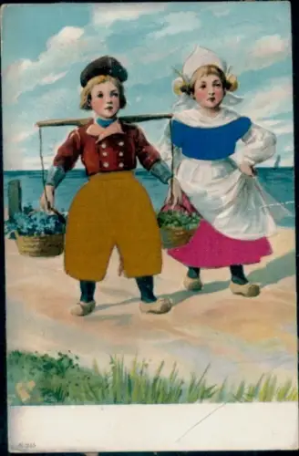 Präge Material Ak Kinder in niederländischen Trachten, Blumen