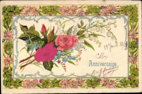 Präge Material Ak Blumen, Rosen, Maiglöckchen, Glücksklee