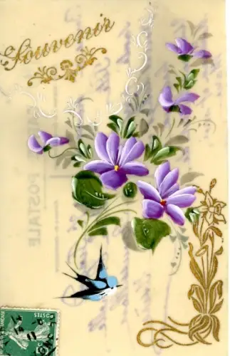 Zelluloid Ak Kitsch, Schwalbe, Blumen