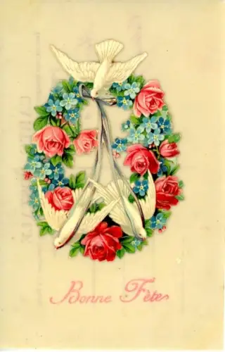 Zelluloid Ak Glückwunsch, Tauben, Blumen, Rosen