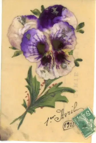 Zelluloid Glitzer Ak Kitsch, Stiefmütterchen aus Stoff, 1. April