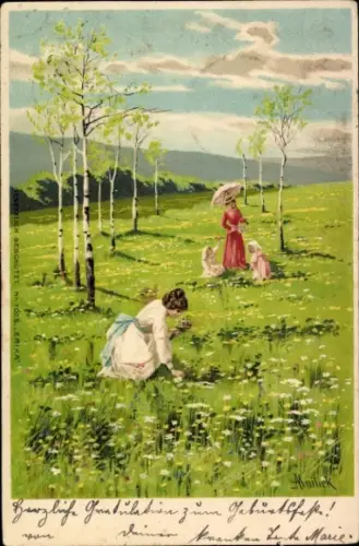 Künstler Ak Mailick, Glückwunsch Pfingsten, Frauen, Kinder, Blumenwiese