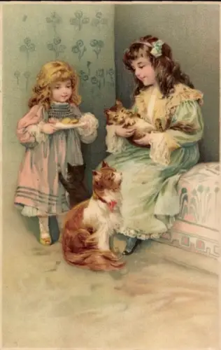Litho zwei Mädchen mit ihren drei Hauskatzen
