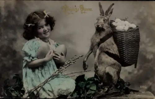 Ak Fröhliche Ostern, Mädchen, Osterhase mit Eierkiepe