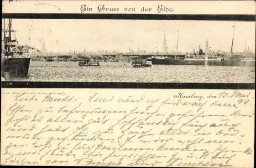 Ak HAPAG Dampfer Hamburg (I), Passagierschiff, Schiffe auf der Elbe, Hafenansicht, Text 'Ein Grus
