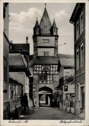 Ak Bacharach am Rhein, Hotel Bacharach a. Rh, Palägrafenschänke, Stadtansicht, Türme