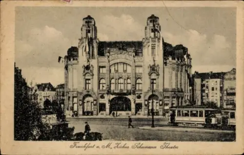 Ak Frankfurt am Main, Frankfurt a. M., Kickus Schumann Theater, Tram, Schwarz-Weiß Bild