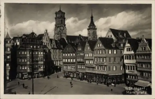 Ak Stuttgart in Württemberg, Schwarz-Weiß-Bild, Stuttgarter Marktplatz,  Gebäude, Uhrturm