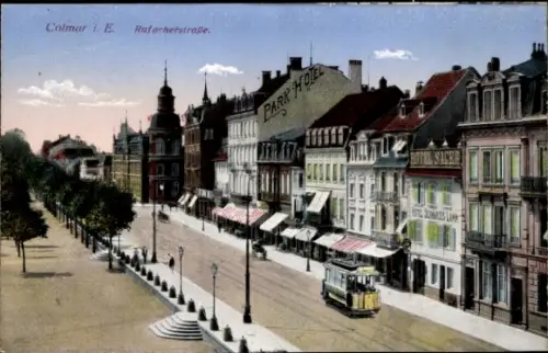 Ak Colmar Kolmar Elsass Haut Rhin,  Rufacherstraße, PARK HOTEL, HOTEL SACKE, Straßenansicht