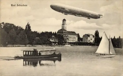 Ak Bad Schachen Lindau am Bodensee Schwaben, Teilansicht, Zeppelin, Segelboot