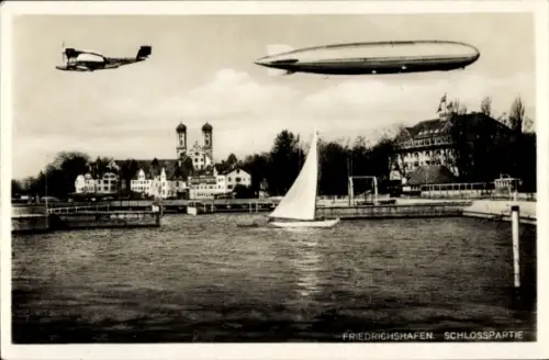 Ak Friedrichshafen am Bodensee, Schloss, Zeppelin, Wasserflugzeug 640