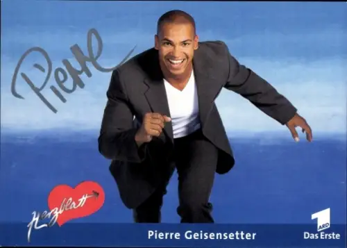 Autogrammkarte Moderator Pierre Geisensetter, Portrait, Autogramm