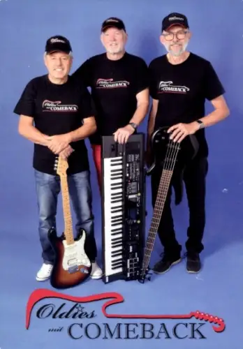 Autogrammkarte Musiker Trio Comeback, Portrait mit Instrumenten
