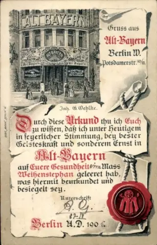 Litho Berlin Schöneberg, Alt Bayern, Potsdamer Straße 10-11, Urkunde
