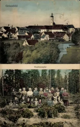 Ak Geisenfeld an der Ilm, Teilansicht, Hopfenzupfer